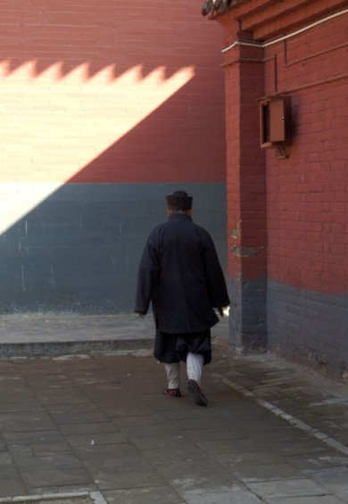 Taoist monk wearing typical hat to support his hair in top-knot