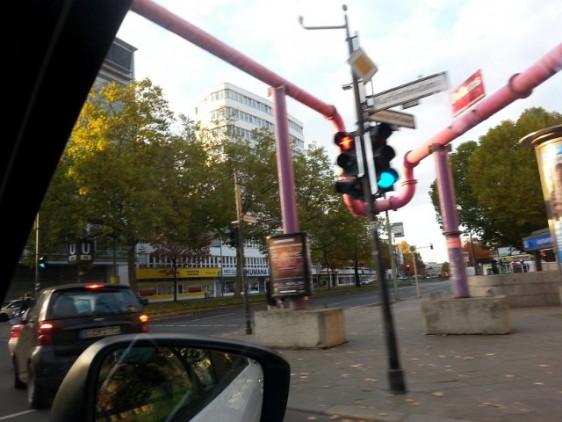 Pink pipes at traffic light