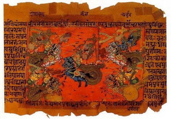 The Battle of Kurukshetra, fought between the Kauravas and the Pandavas, recorded in the Mahabharata