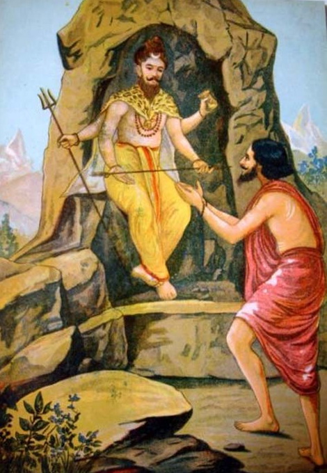 Shiva gives the Pashupatastra to Arjuna.