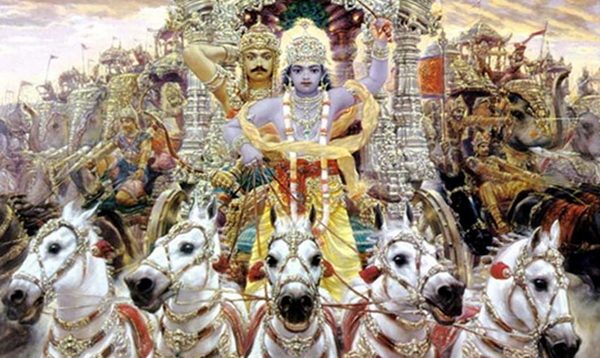 Krishna driving a chariot with Arjuna behind in the Mahabharata