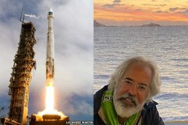 Right: Sumeru in Arillas, Corfu. Left: Launch of an earlier spacecraft he was involved in.