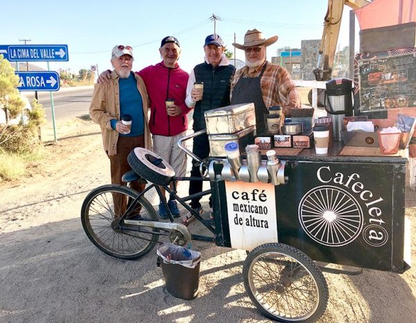 OSHOfest Mexico 2019, early morning Oaxacan coffee with the Band (left to right): Navaneet, Prabodh, Milarepa, Ruggiero. BEST!