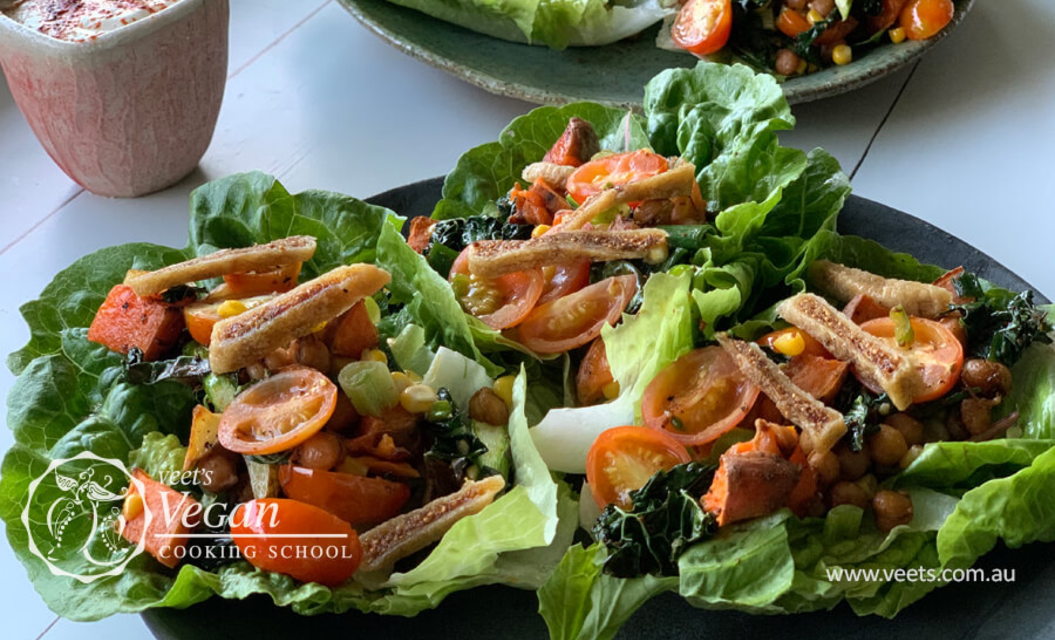 salad with vegan feta sauce