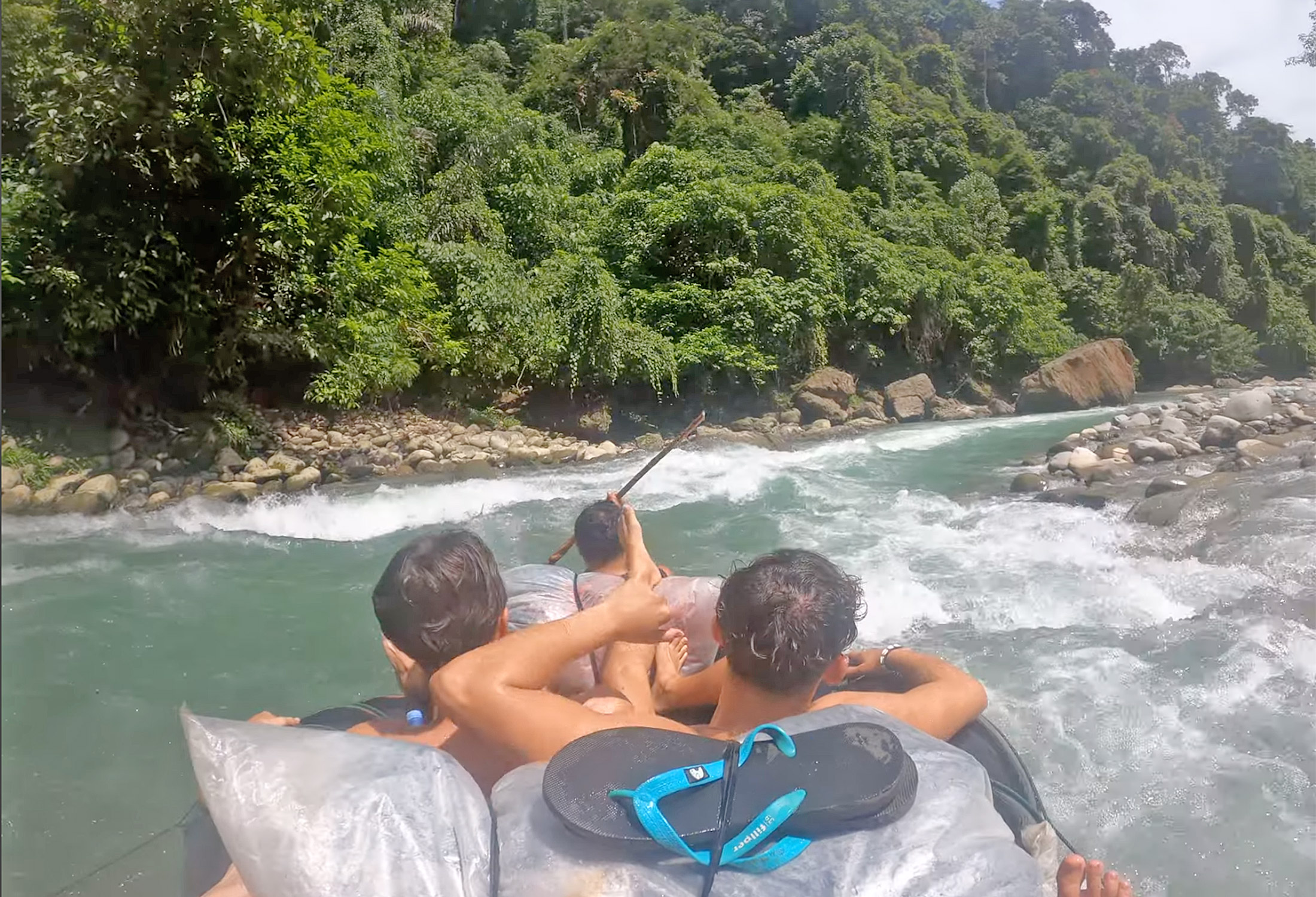 In the middle of the river on the raft