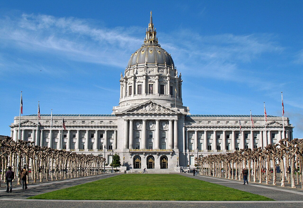 San Francisco City Hall from east end of Civic Center Plaza