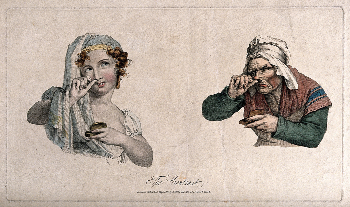 A pretty girl and an ugly old woman both taking snuff