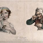 A pretty girl and an ugly old woman both taking snuff